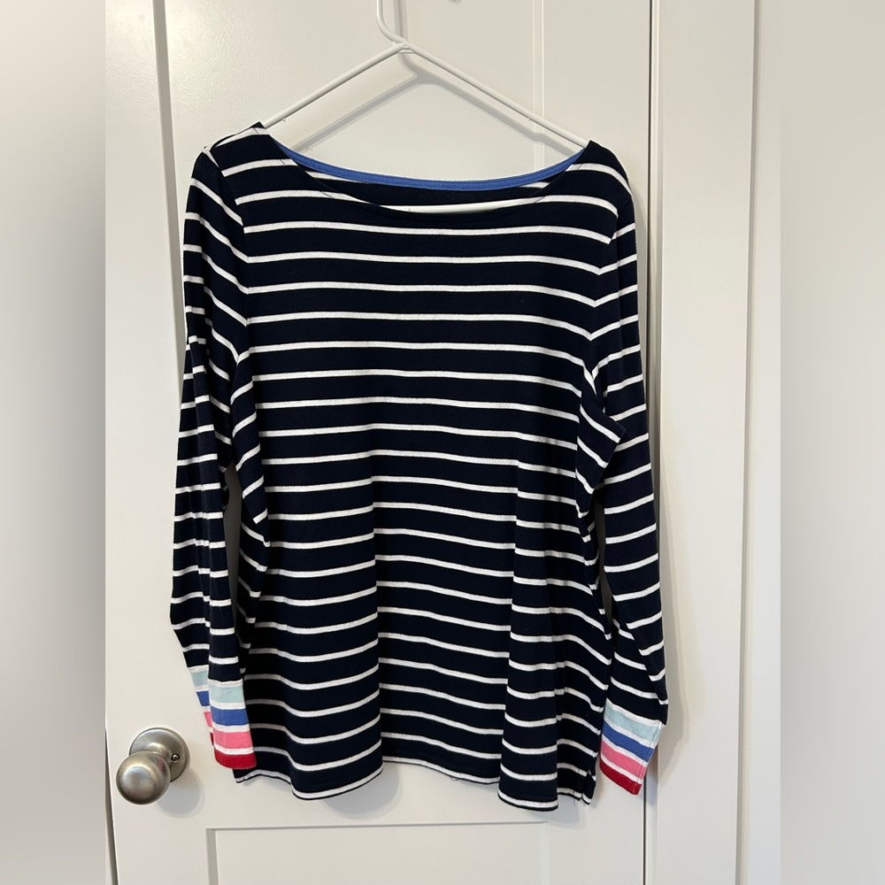 Talbots Navy Striped Long Sleeve Top with Colorful Cuffs Size XL. Very Comfy!